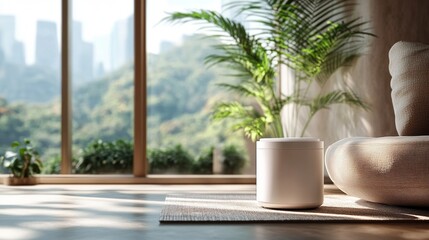 Modern living room with large windows and greenery