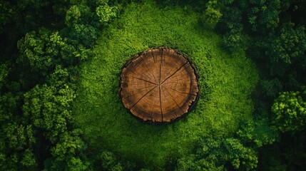 Fototapeta premium Aerial View of a Rustic Tree Stump Surrounded by Lush Greenery in a Vibrant Forest Setting