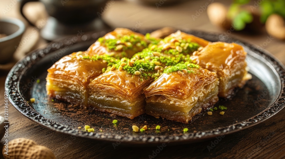 Poster turkish baklava dessert with pistachios on a rustic plate showcasing layers of flaky pastry and swee