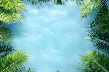 lightblue water background and green palmtree leaves on the sides