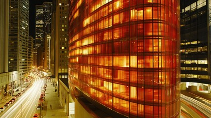 Illuminated curved skyscraper at night, city street with light trails.