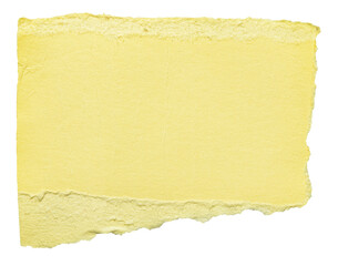 Isolated cut out torn piece of blank yellow paper note cardboard with texture and copy space for text, transparent png background design element