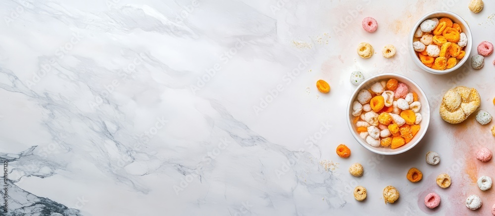 Poster Top view of vibrant pastel-colored cereal bowls on a light marble table with scattered cereals and empty space for text in a breakfast setting