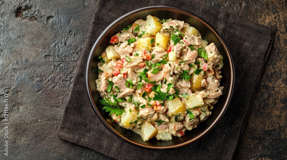 Poster tuna and potato salad with vegetables and herbs served in a rustic bowl on a textured surface