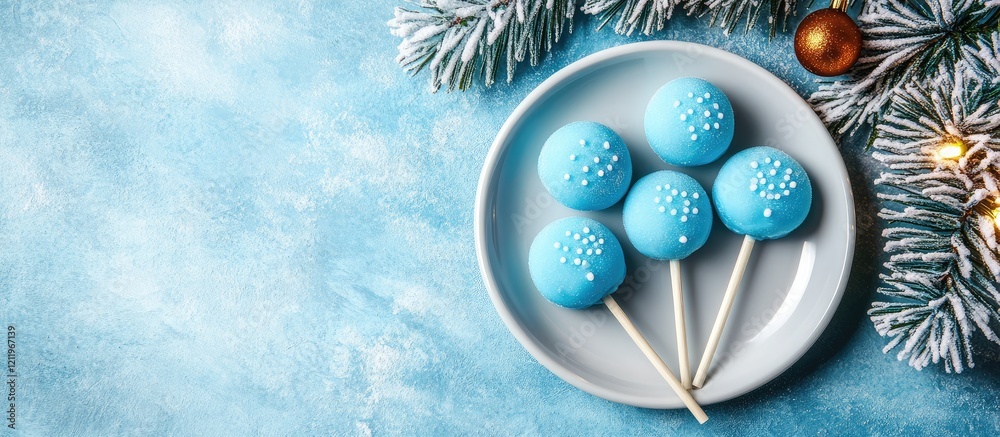 Poster blue lollipops arranged on a round plate with a festive tree background featuring silver and gold or