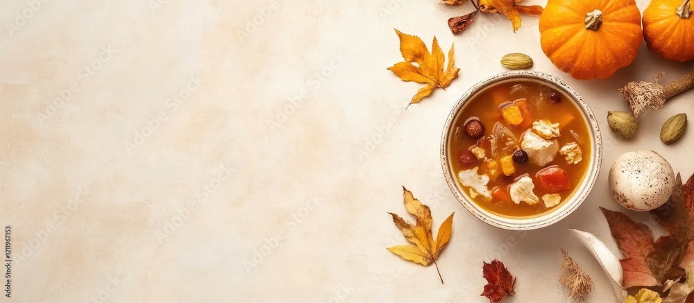 Poster assorted autumn soup in a beige bowl with seasonal ingredients displayed on a light background featu