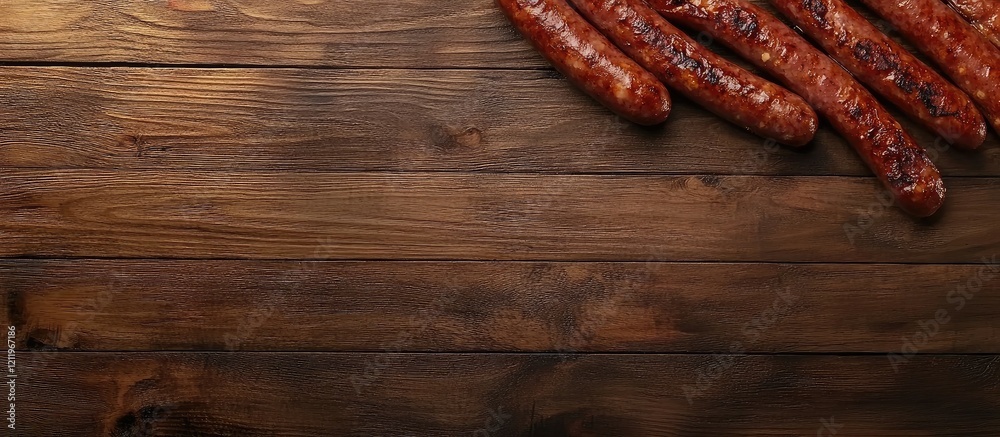 Aufkleber grilled sausages on rustic wooden table in warm browns with empty space for culinary text or design 