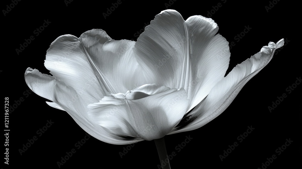 Poster elegant white tulip blossom on a dark background showcasing delicate petals and graceful curves in a