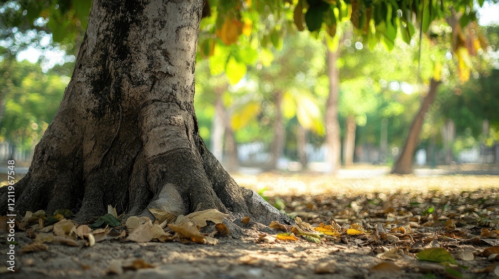 Poster Tranquil park scene featuring a tree trunk and fallen leaves with dappled sunlight filtering through lush green foliage.