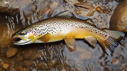 Obraz premium Freshly caught trout fish laying on riverbed surrounded by stones showcasing vibrant colors and natural habitat environment.