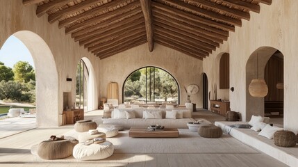 Mediterranean villa's sunlit living room, outdoor view