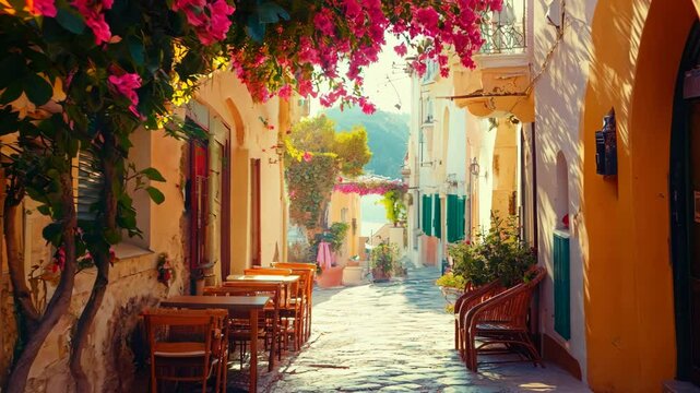 Charming Mediterranean street with blooming bougainvillea, cozy outdoor seating, and colorful architecture under the warm sunlight