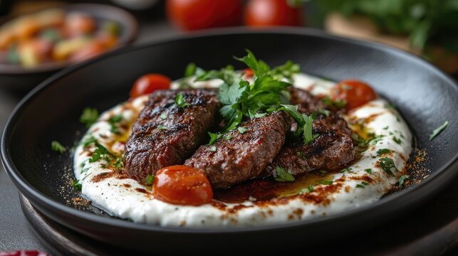 Turkish Ali Nazik Kebab served on yogurt with grilled beef and fresh herbs in a traditional plate garnished with cherry tomatoes.