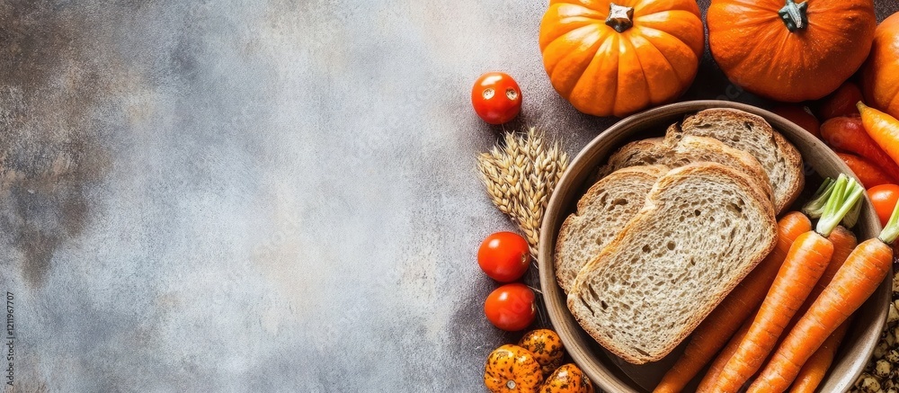 Aufkleber top view of a rustic bowl filled with brown bread, fresh carrots, and vibrant red tomatoes surrounde