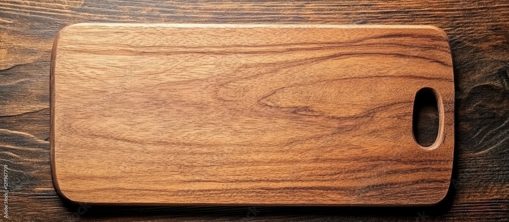 Poster top view of a polished brown wooden cutting board placed on a dark classic wood table with ample bla