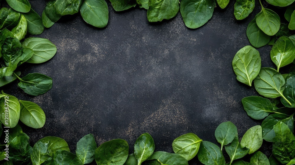 Poster fresh green salad leaves framed on dark textured surface with empty space for text, overhead view of