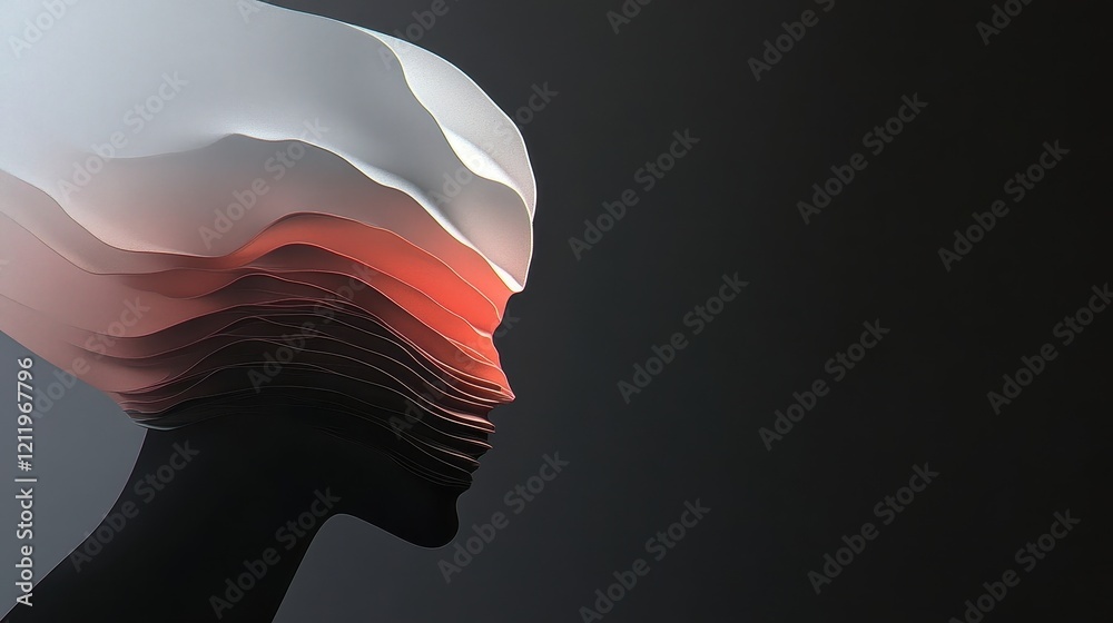 Poster dynamic and vibrant three-dimensional abstract representation of a face with flowing layers and smoo