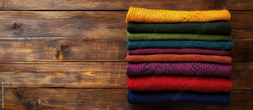 Poster stack of colorful knitted sweaters on wooden surface with blank space for text ideal for fashion and
