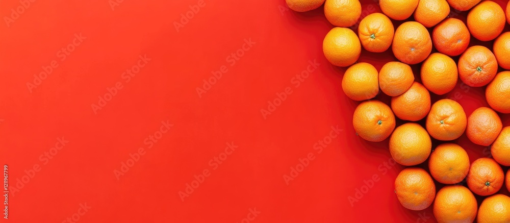 Fototapete Vibrant close-up of a scattered pile of fresh tangerines on a bold red background with ample negative space for text or design elements