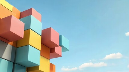 Colorful Three-Dimensional Blocks in a Dynamic Arrangement Against a Clear Blue Sky