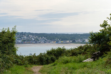 Entre les buissons, vue sur la baie de Morgat depuis les falaises. Les maisons aux façades colorées de Morgat se dévoilent au loin.