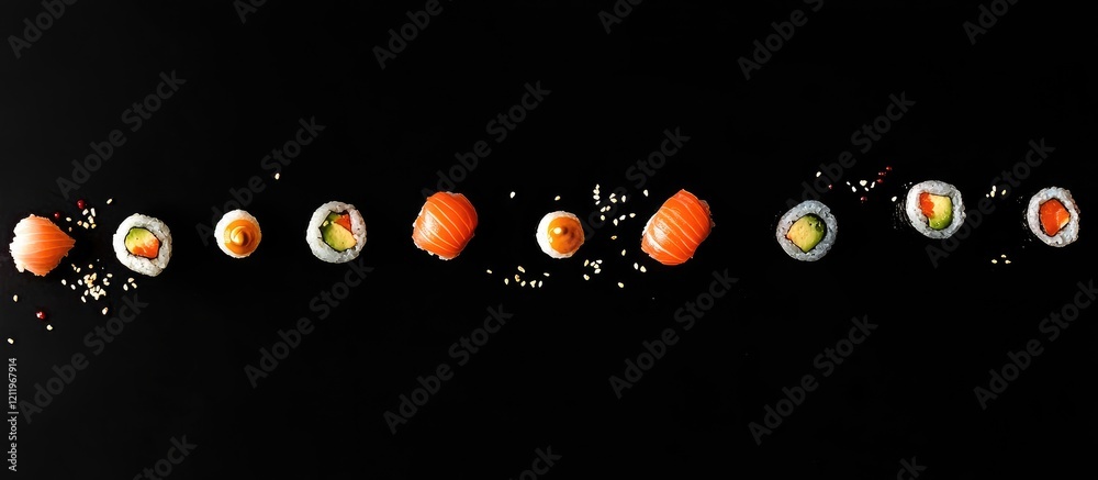 Poster elegant display of sushi rolls in vibrant colors on a black background showcasing japanese culinary 