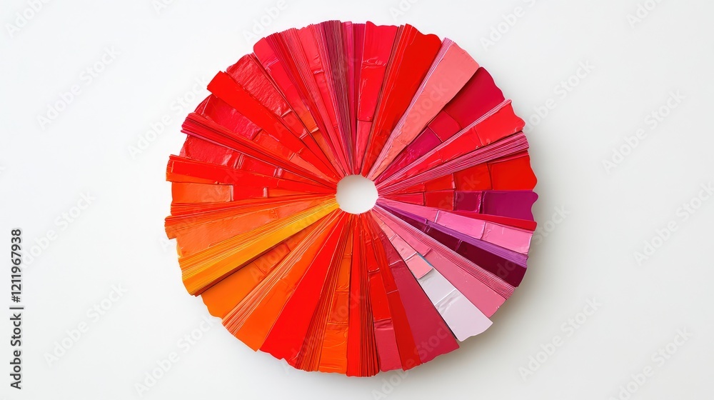 Poster Vibrant top view of a circular red color wheel featuring smooth red hues and assorted color chips arranged symmetrically on a clean white background
