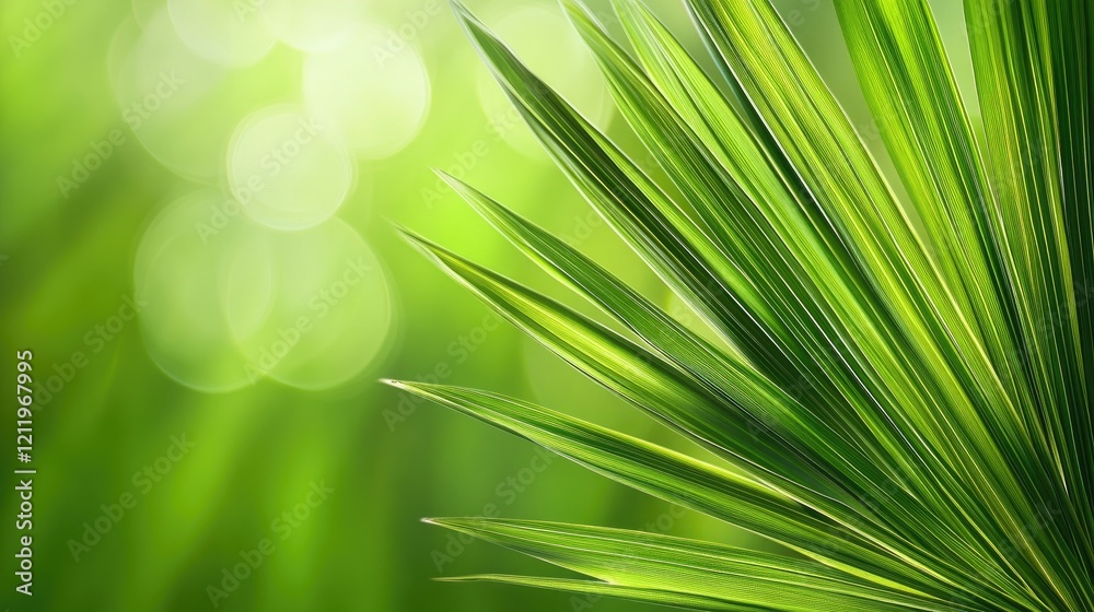 Poster lush tropical palm leaf background with soft green bokeh effect for relaxing natural aesthetic desig