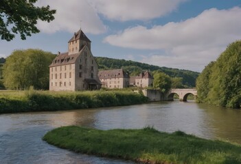 Fototapeta premium In the center of a serene lake, a beautiful castle rests on a small island