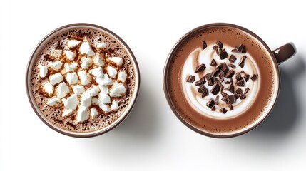 Top view of two stylish mugs filled with hot cocoa topped with marshmallows and cappuccino adorned with chocolate sprinkles on a bright white background
