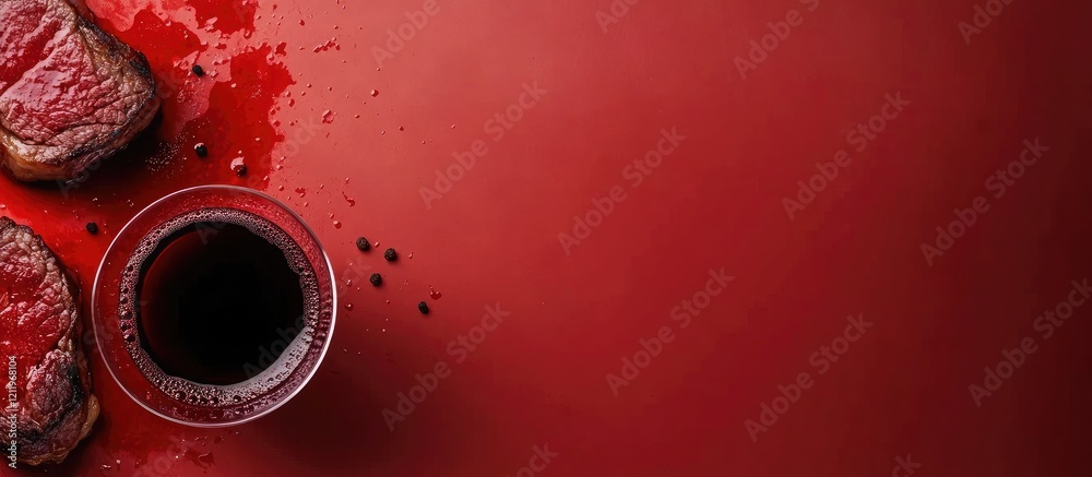 Aufkleber Aromatic beef steak arranged on a deep red surface with a glass of red wine showcasing rich textures and inviting empty space for culinary text