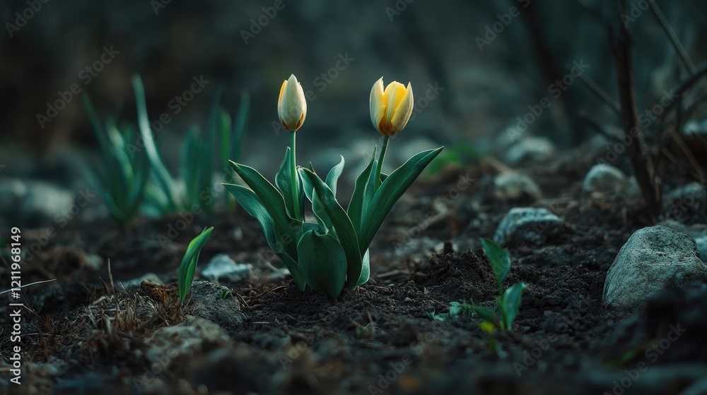 Poster tulips blooming in a serene garden setting with lush greenery and earthy background