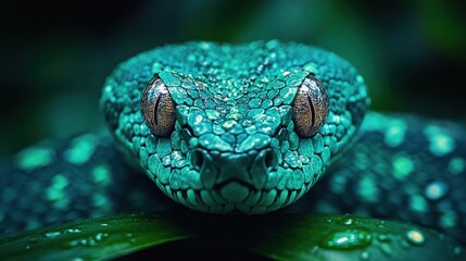 Fototapeta premium Emerald tree viper closeup, rainforest, night, danger, wildlife, nature photography