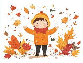 Cartoon Character in Autumn Scene with Falling Leaves and Joyful Pose