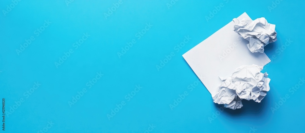 Poster Crumpled white paper sheet on vibrant blue desk background with empty space for text and creative design elements, ideal for business concepts.
