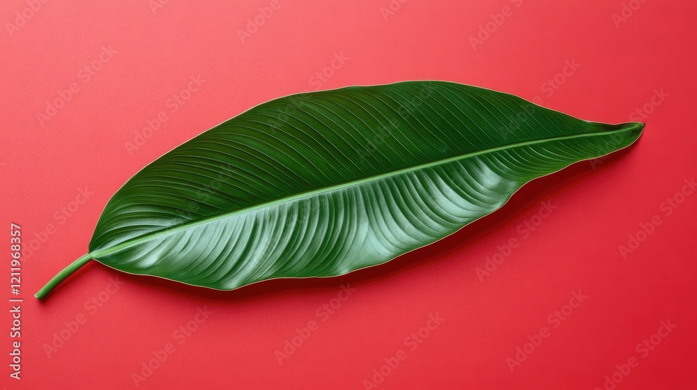 Poster Tropical green leaf on vibrant red background minimalistic summer design with ample copy space for creative compositions
