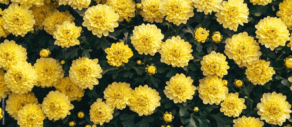 Poster vibrant top view of a lush yellow chrysanthemum floral arrangement with empty text space on a green 