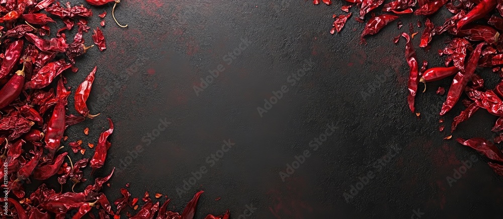 Poster vibrant dried red chili peppers framing dark textured surface with copy space for culinary or spice 