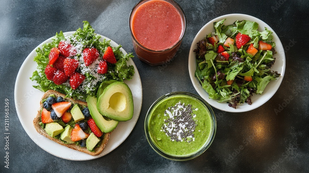 Poster Aerial View of a Healthy Breakfast Spread Featuring Avocado Toast with Berries Fresh Green Salad and a Colorful Smoothie on a Dark Table Surface