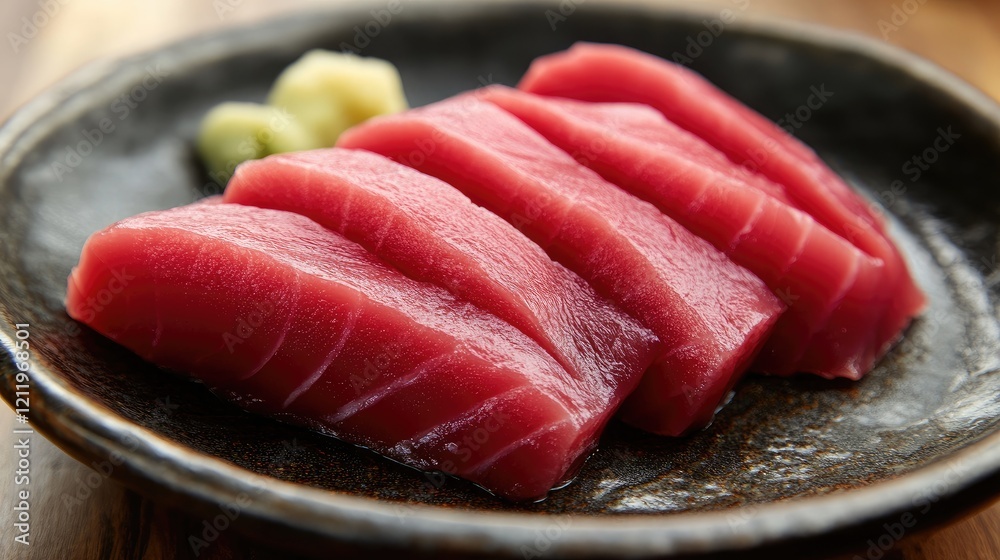 Poster freshly sliced tuna sashimi served on a dark plate with wasabi and ginger for an authentic japanese 
