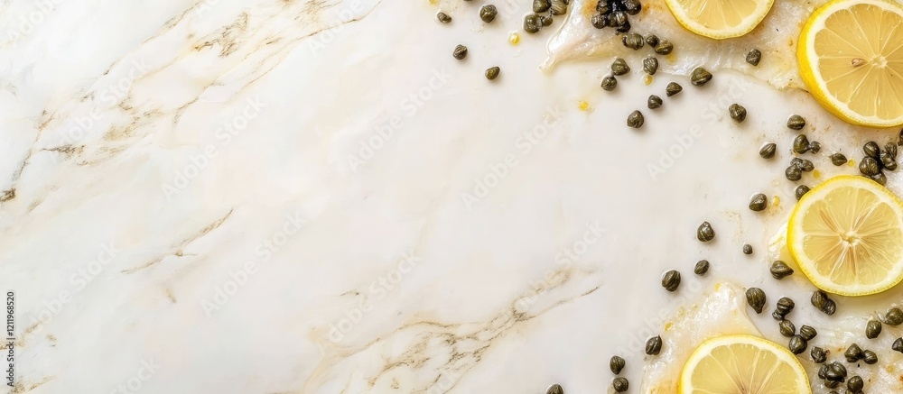 Aufkleber Baked carp garnished with fresh capers and lemon slices on a marble table surface with ample empty space for text insertion