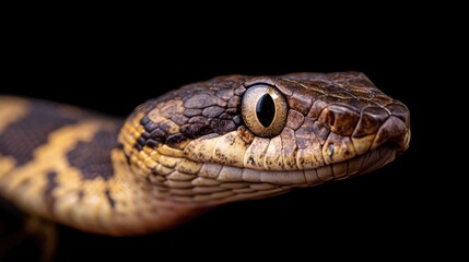 Obraz premium Tropidoelamus Snake Close-Up Capturing Unique Patterns and Textures in an Intriguing Black Background Setting