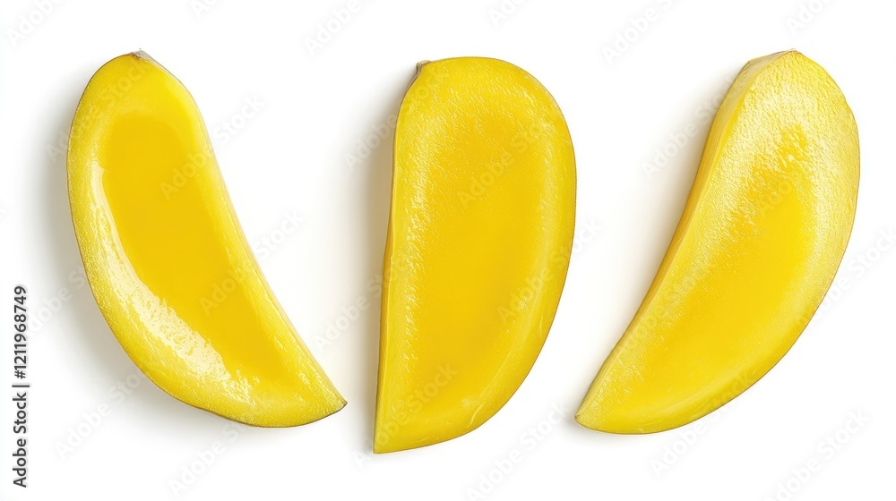 Poster mango slices arranged on a white background highlighting vibrant colors and texture for culinary or 