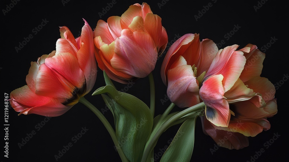 Poster vibrant tulips with gradual color shift on black background capturing the essence of spring blossoms