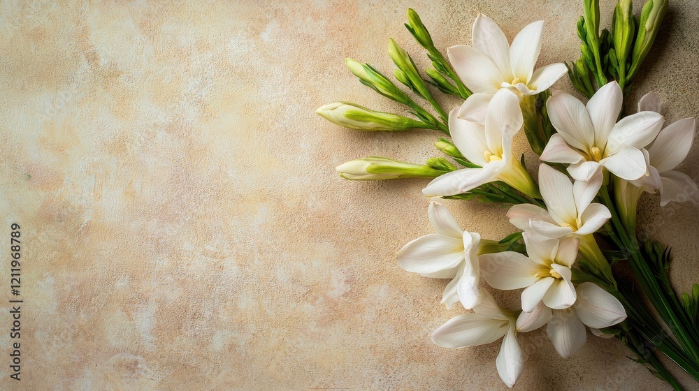 Poster tuberose flowers and buds arrangement on textured background with blank space for text or advertisem