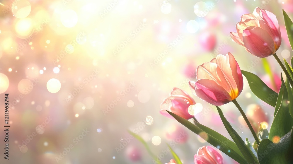 Poster Pink tulips in soft sunlight with a dreamy bokeh background creating a serene and uplifting floral atmosphere.