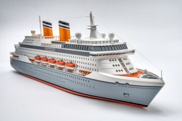 A detailed model of a cruise ship, showcasing its intricate design and lifeboats.