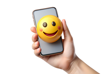 3d Hand holding phone with smiley emoji isolated on transparent or white background, png