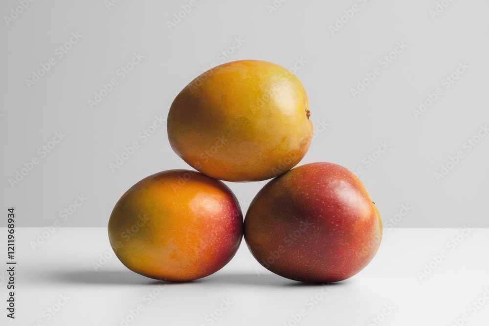 Poster three ripe mangoes arranged in a triangular shape on a white background.