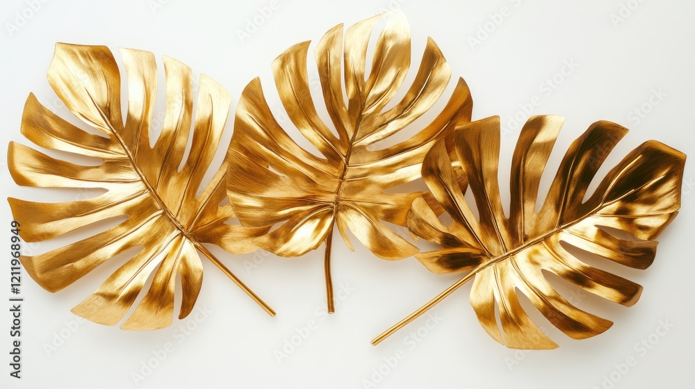 Aufkleber golden tropical leaves arranged elegantly on a white background creating an abstract decorative desi
